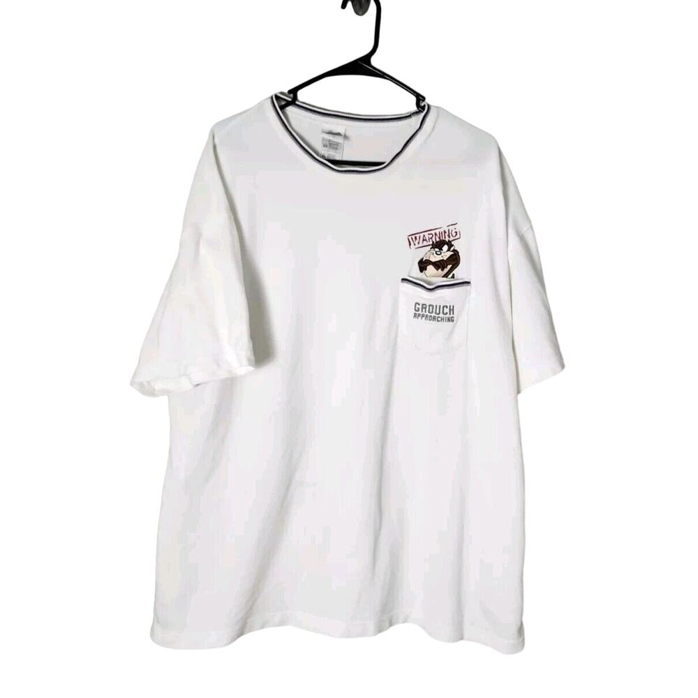 Vintage 90s Looney Tunes‎ Taz T-Shirt Size XL White Embroidered Pocket